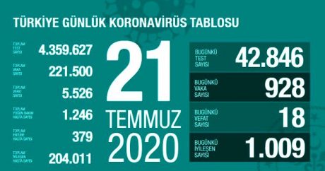Türkiyədə koronavirusla bağlı STATİSTİKA: Yoluxanların sayı 221 mini ötdü