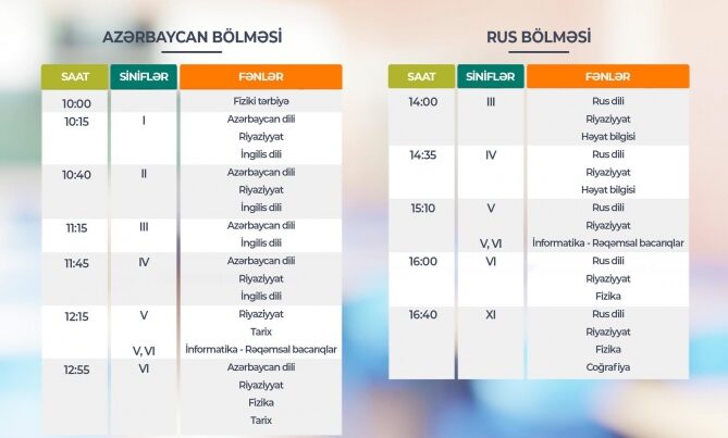 “Dərs vaxtı”nın sabaha olan CƏDVƏLİ