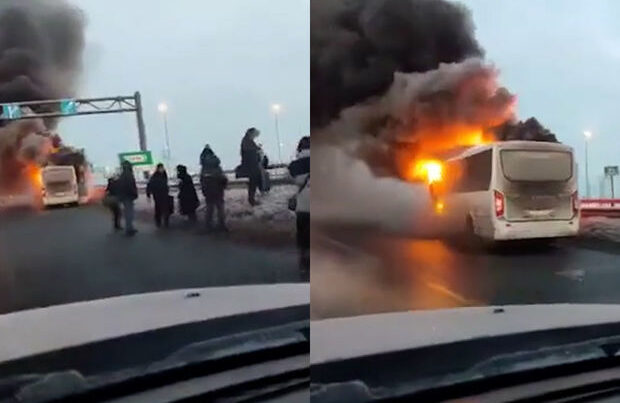 Sankt-Peterburqda sərnişin avtobusu yolda yandı – VİDEO