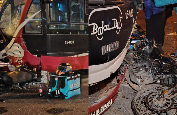 Bakıda ağır qəza oldu: Sərnişin avtobusu ilə motosiklet toqquşdu – FOTO